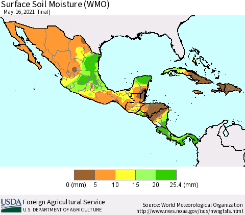 Mexico Central America and the Caribbean Surface Soil Moisture (WMO) Thematic Map For 5/10/2021 - 5/16/2021