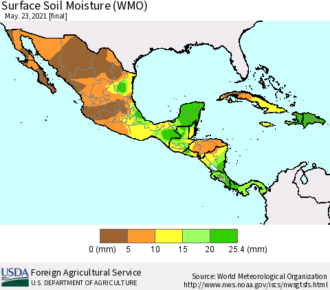 Mexico Central America and the Caribbean Surface Soil Moisture (WMO) Thematic Map For 5/17/2021 - 5/23/2021