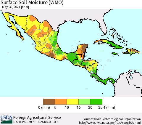 Mexico Central America and the Caribbean Surface Soil Moisture (WMO) Thematic Map For 5/24/2021 - 5/30/2021