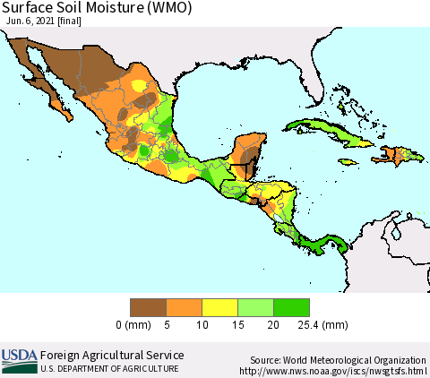 Mexico Central America and the Caribbean Surface Soil Moisture (WMO) Thematic Map For 5/31/2021 - 6/6/2021