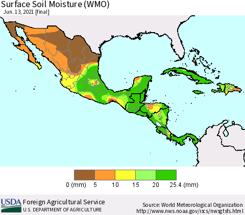 Mexico Central America and the Caribbean Surface Soil Moisture (WMO) Thematic Map For 6/7/2021 - 6/13/2021