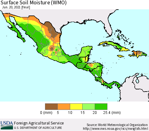 Mexico Central America and the Caribbean Surface Soil Moisture (WMO) Thematic Map For 6/14/2021 - 6/20/2021