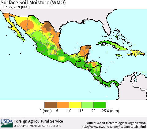 Mexico Central America and the Caribbean Surface Soil Moisture (WMO) Thematic Map For 6/21/2021 - 6/27/2021