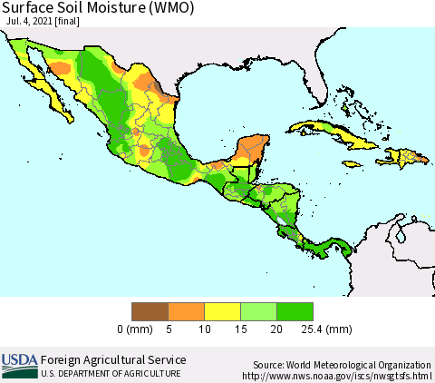 Mexico Central America and the Caribbean Surface Soil Moisture (WMO) Thematic Map For 6/28/2021 - 7/4/2021