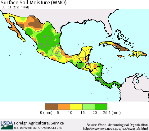 Mexico Central America and the Caribbean Surface Soil Moisture (WMO) Thematic Map For 7/5/2021 - 7/11/2021