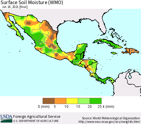 Mexico Central America and the Caribbean Surface Soil Moisture (WMO) Thematic Map For 7/12/2021 - 7/18/2021