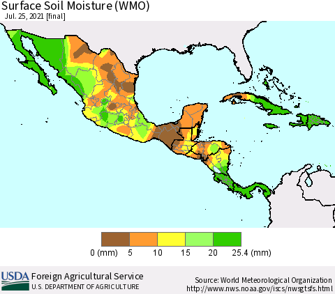 Mexico Central America and the Caribbean Surface Soil Moisture (WMO) Thematic Map For 7/19/2021 - 7/25/2021