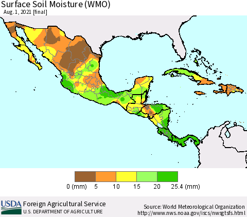 Mexico Central America and the Caribbean Surface Soil Moisture (WMO) Thematic Map For 7/26/2021 - 8/1/2021