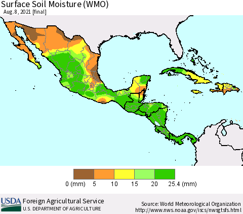 Mexico Central America and the Caribbean Surface Soil Moisture (WMO) Thematic Map For 8/2/2021 - 8/8/2021