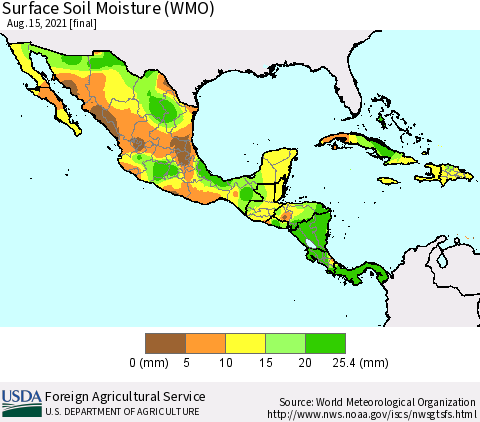 Mexico Central America and the Caribbean Surface Soil Moisture (WMO) Thematic Map For 8/9/2021 - 8/15/2021