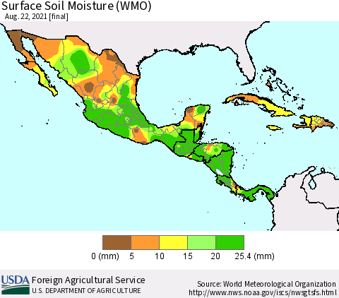Mexico Central America and the Caribbean Surface Soil Moisture (WMO) Thematic Map For 8/16/2021 - 8/22/2021