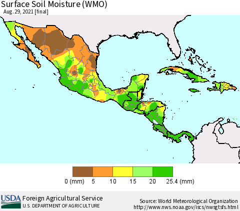 Mexico Central America and the Caribbean Surface Soil Moisture (WMO) Thematic Map For 8/23/2021 - 8/29/2021