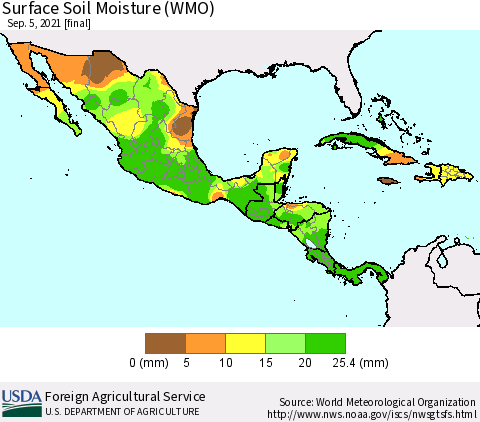 Mexico Central America and the Caribbean Surface Soil Moisture (WMO) Thematic Map For 8/30/2021 - 9/5/2021