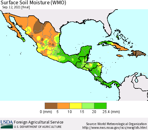 Mexico Central America and the Caribbean Surface Soil Moisture (WMO) Thematic Map For 9/6/2021 - 9/12/2021