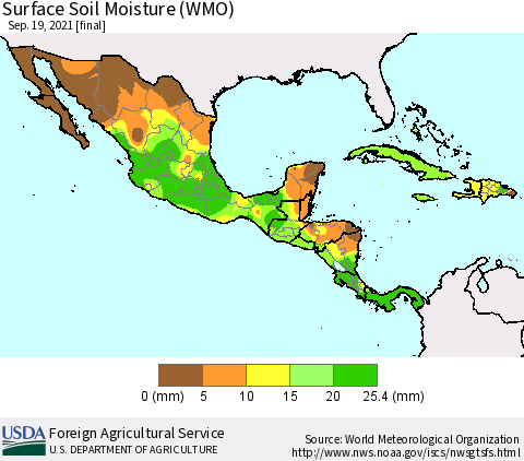 Mexico Central America and the Caribbean Surface Soil Moisture (WMO) Thematic Map For 9/13/2021 - 9/19/2021