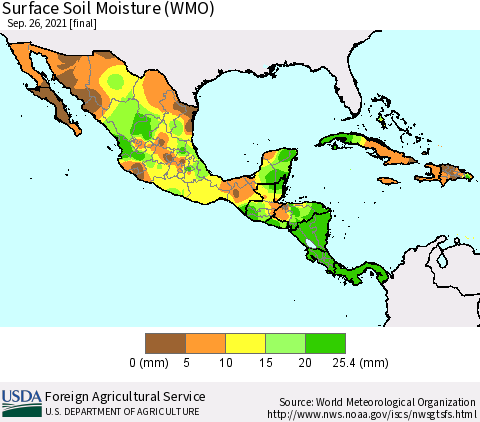 Mexico Central America and the Caribbean Surface Soil Moisture (WMO) Thematic Map For 9/20/2021 - 9/26/2021