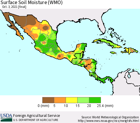 Mexico Central America and the Caribbean Surface Soil Moisture (WMO) Thematic Map For 9/27/2021 - 10/3/2021