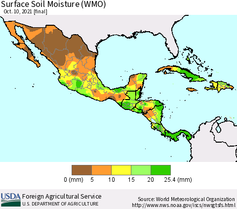 Mexico Central America and the Caribbean Surface Soil Moisture (WMO) Thematic Map For 10/4/2021 - 10/10/2021