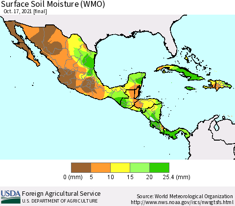 Mexico Central America and the Caribbean Surface Soil Moisture (WMO) Thematic Map For 10/11/2021 - 10/17/2021