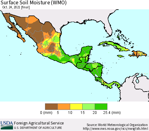 Mexico Central America and the Caribbean Surface Soil Moisture (WMO) Thematic Map For 10/18/2021 - 10/24/2021