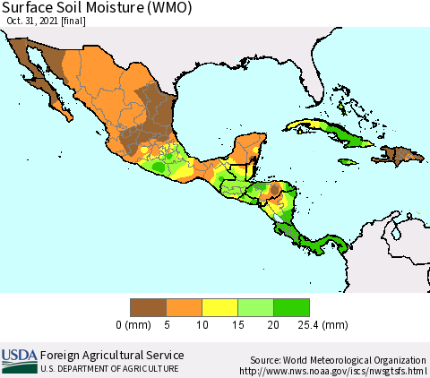 Mexico Central America and the Caribbean Surface Soil Moisture (WMO) Thematic Map For 10/25/2021 - 10/31/2021