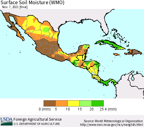 Mexico Central America and the Caribbean Surface Soil Moisture (WMO) Thematic Map For 11/1/2021 - 11/7/2021