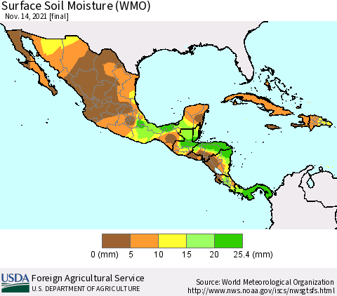 Mexico Central America and the Caribbean Surface Soil Moisture (WMO) Thematic Map For 11/8/2021 - 11/14/2021