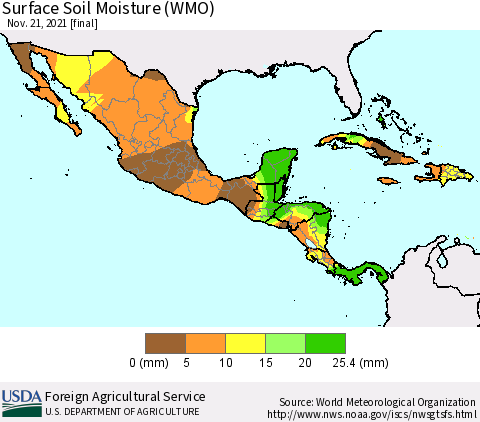Mexico Central America and the Caribbean Surface Soil Moisture (WMO) Thematic Map For 11/15/2021 - 11/21/2021