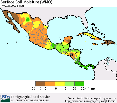 Mexico Central America and the Caribbean Surface Soil Moisture (WMO) Thematic Map For 11/22/2021 - 11/28/2021