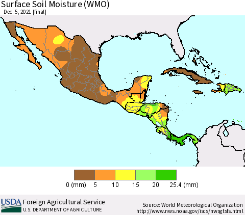 Mexico Central America and the Caribbean Surface Soil Moisture (WMO) Thematic Map For 11/29/2021 - 12/5/2021