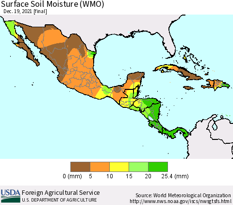 Mexico Central America and the Caribbean Surface Soil Moisture (WMO) Thematic Map For 12/13/2021 - 12/19/2021