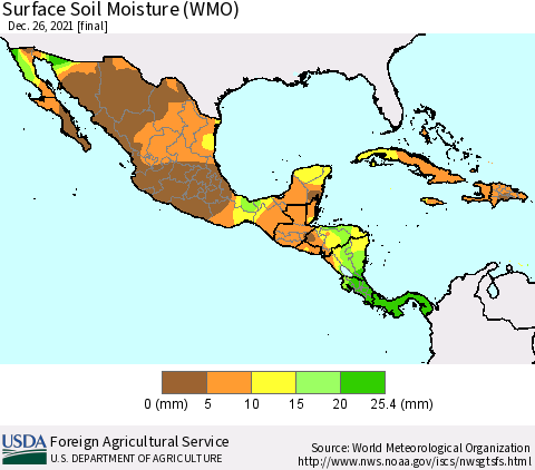 Mexico Central America and the Caribbean Surface Soil Moisture (WMO) Thematic Map For 12/20/2021 - 12/26/2021