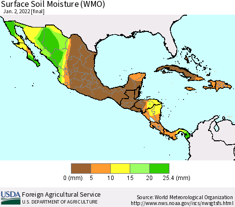 Mexico Central America and the Caribbean Surface Soil Moisture (WMO) Thematic Map For 12/27/2021 - 1/2/2022