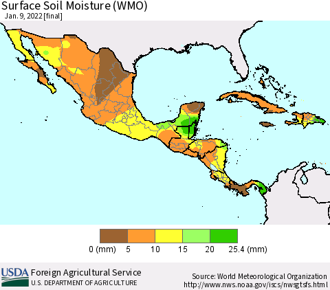 Mexico Central America and the Caribbean Surface Soil Moisture (WMO) Thematic Map For 1/3/2022 - 1/9/2022