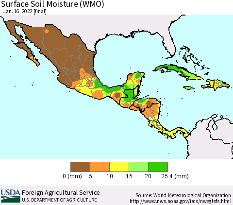 Mexico Central America and the Caribbean Surface Soil Moisture (WMO) Thematic Map For 1/10/2022 - 1/16/2022