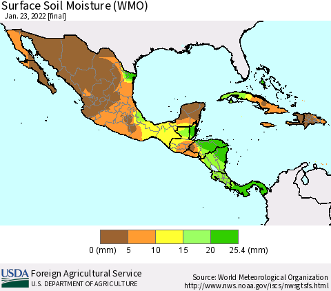 Mexico Central America and the Caribbean Surface Soil Moisture (WMO) Thematic Map For 1/17/2022 - 1/23/2022