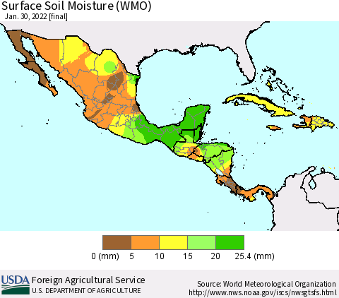 Mexico Central America and the Caribbean Surface Soil Moisture (WMO) Thematic Map For 1/24/2022 - 1/30/2022