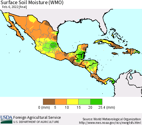 Mexico Central America and the Caribbean Surface Soil Moisture (WMO) Thematic Map For 1/31/2022 - 2/6/2022