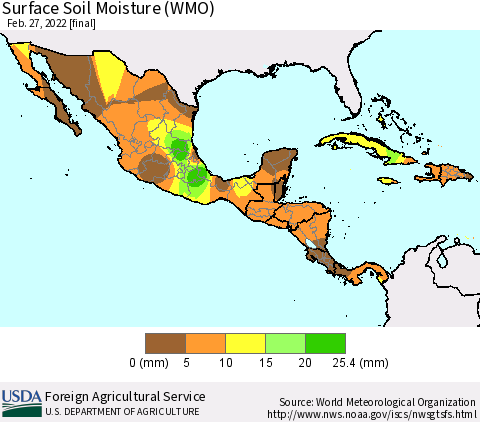 Mexico Central America and the Caribbean Surface Soil Moisture (WMO) Thematic Map For 2/21/2022 - 2/27/2022