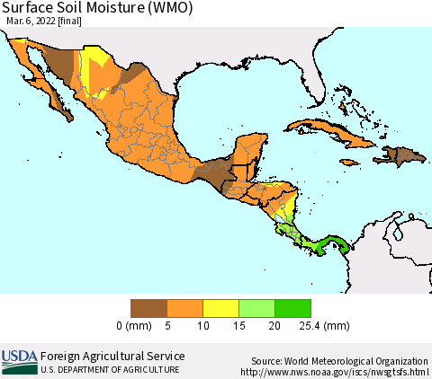 Mexico Central America and the Caribbean Surface Soil Moisture (WMO) Thematic Map For 2/28/2022 - 3/6/2022