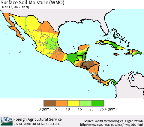 Mexico Central America and the Caribbean Surface Soil Moisture (WMO) Thematic Map For 3/7/2022 - 3/13/2022