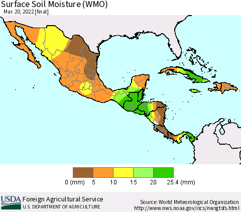 Mexico Central America and the Caribbean Surface Soil Moisture (WMO) Thematic Map For 3/14/2022 - 3/20/2022