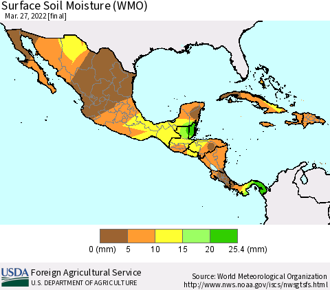 Mexico Central America and the Caribbean Surface Soil Moisture (WMO) Thematic Map For 3/21/2022 - 3/27/2022