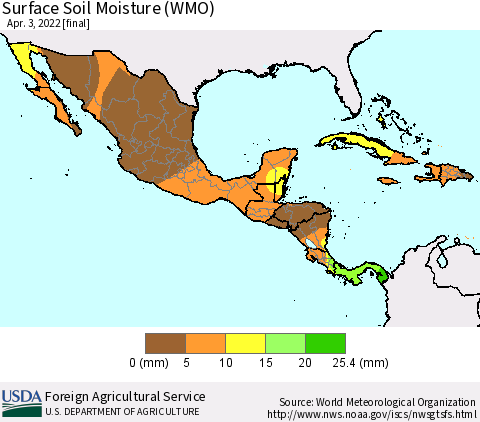 Mexico Central America and the Caribbean Surface Soil Moisture (WMO) Thematic Map For 3/28/2022 - 4/3/2022