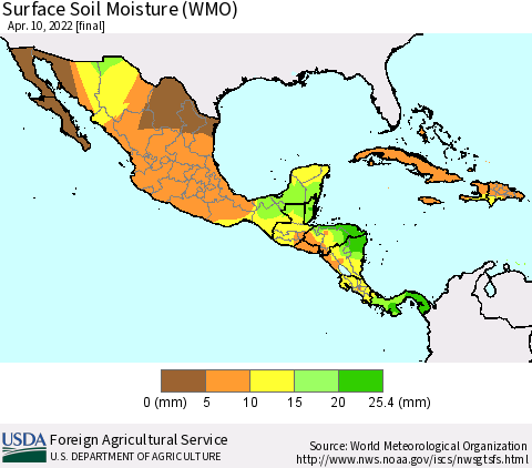Mexico Central America and the Caribbean Surface Soil Moisture (WMO) Thematic Map For 4/4/2022 - 4/10/2022