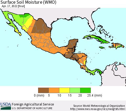 Mexico Central America and the Caribbean Surface Soil Moisture (WMO) Thematic Map For 4/11/2022 - 4/17/2022