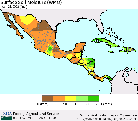 Mexico Central America and the Caribbean Surface Soil Moisture (WMO) Thematic Map For 4/18/2022 - 4/24/2022