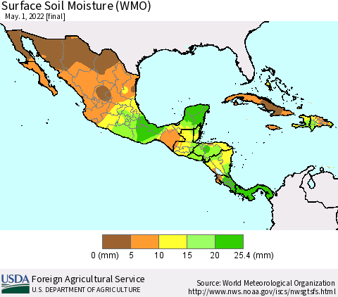 Mexico Central America and the Caribbean Surface Soil Moisture (WMO) Thematic Map For 4/25/2022 - 5/1/2022