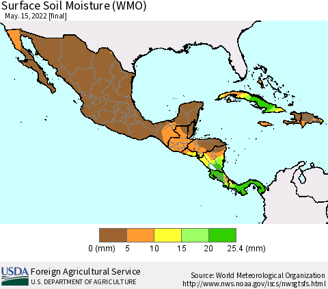 Mexico Central America and the Caribbean Surface Soil Moisture (WMO) Thematic Map For 5/9/2022 - 5/15/2022