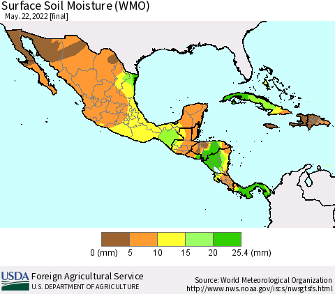 Mexico Central America and the Caribbean Surface Soil Moisture (WMO) Thematic Map For 5/16/2022 - 5/22/2022
